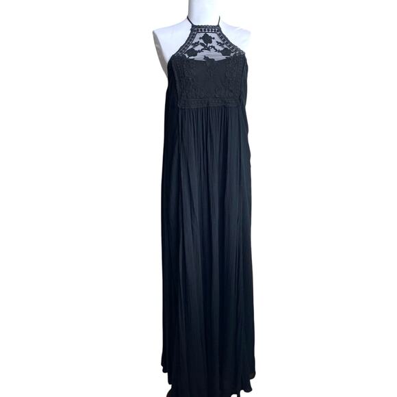 ABERCROMBIE FITCH Y2K Halter Lace Maxi Dress Black XS Oversized Fairy Boho Goth - Picture 3 of 11